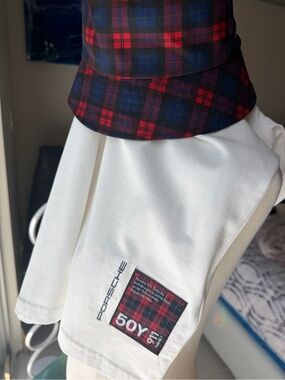 Porsche Design White Short-Sleeve Tee with Red & Navy Plaid Patch